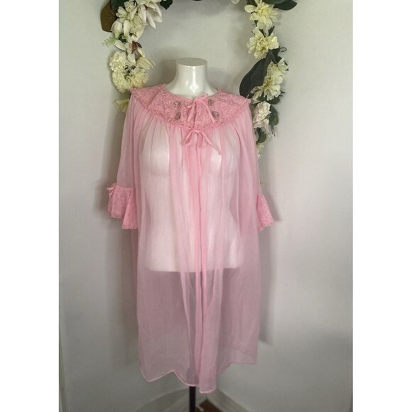 50s Women’s Sheer Nightgown Pink Sheer‎ Robe Vintage Cape Nightgown Dress Medium